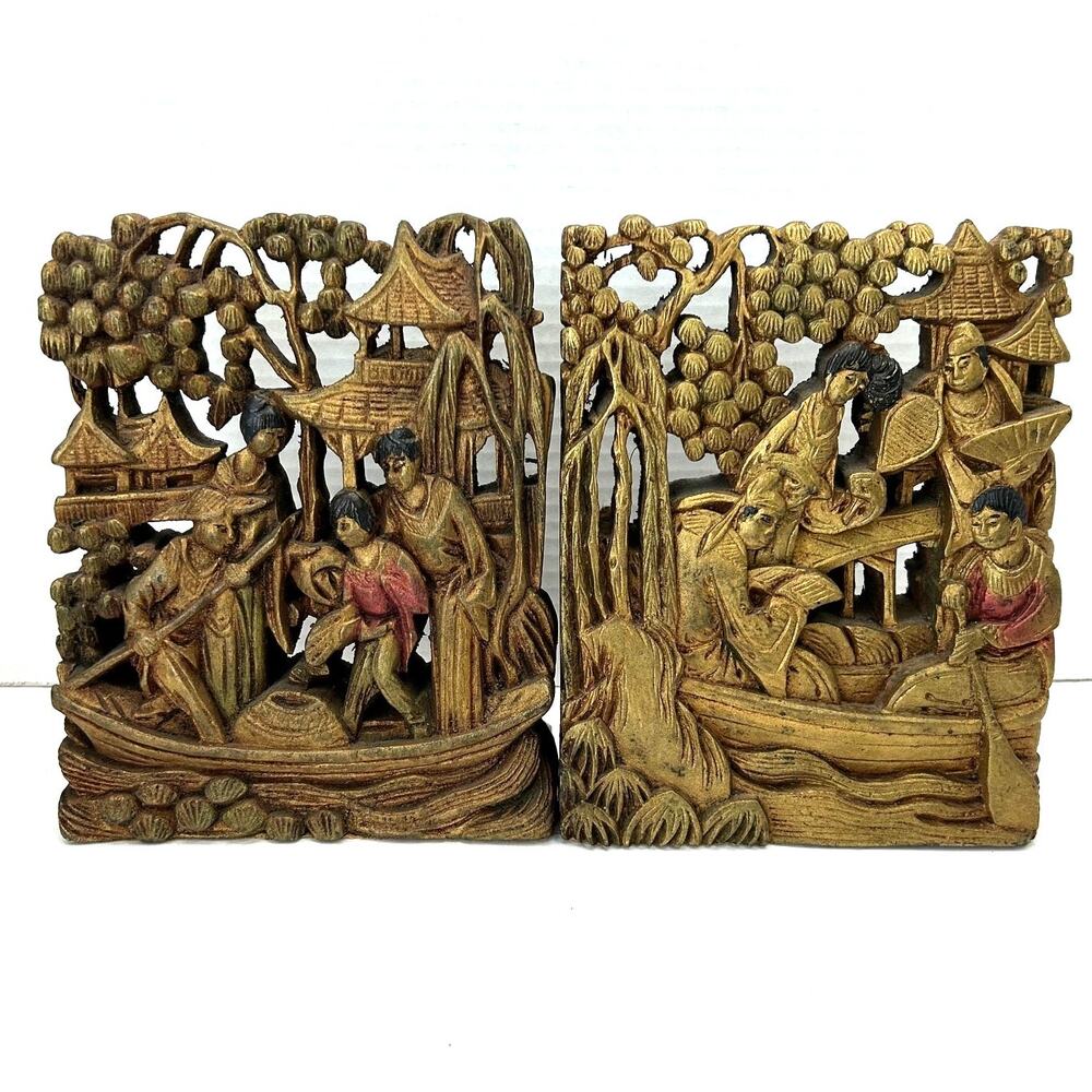 Antique Late 1800's Chinese Handcarved‎ Bookends